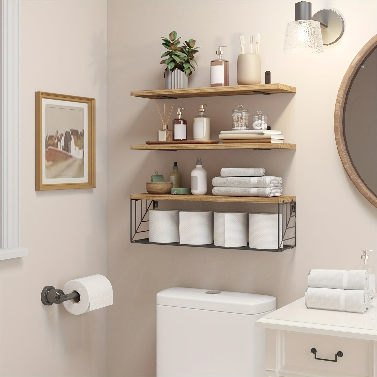 Rustic Brown Floating Shelves With Metal Baskets