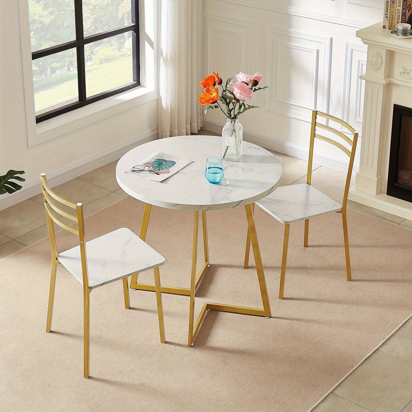 3-Piece Round Dining Table Set w/2 Upholstered Chairs