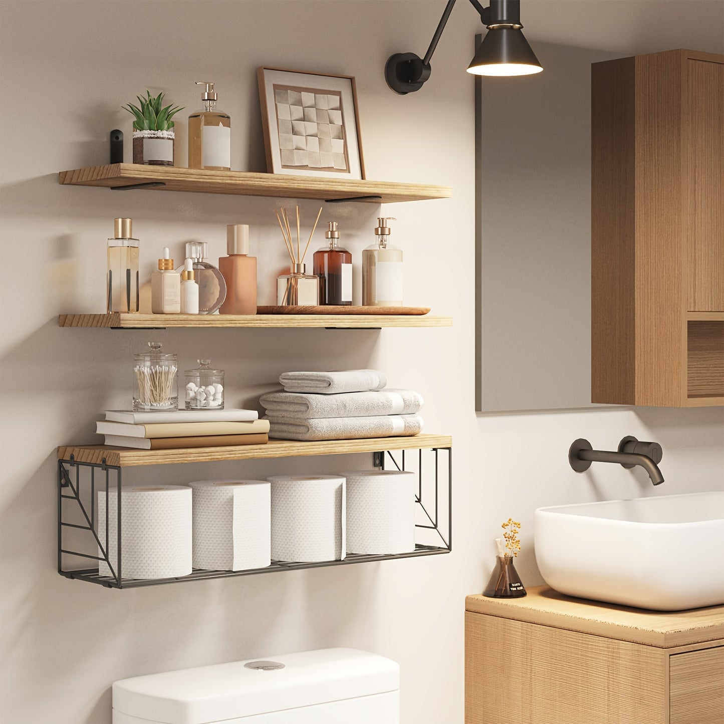 Rustic Brown Floating Shelves With Metal Baskets