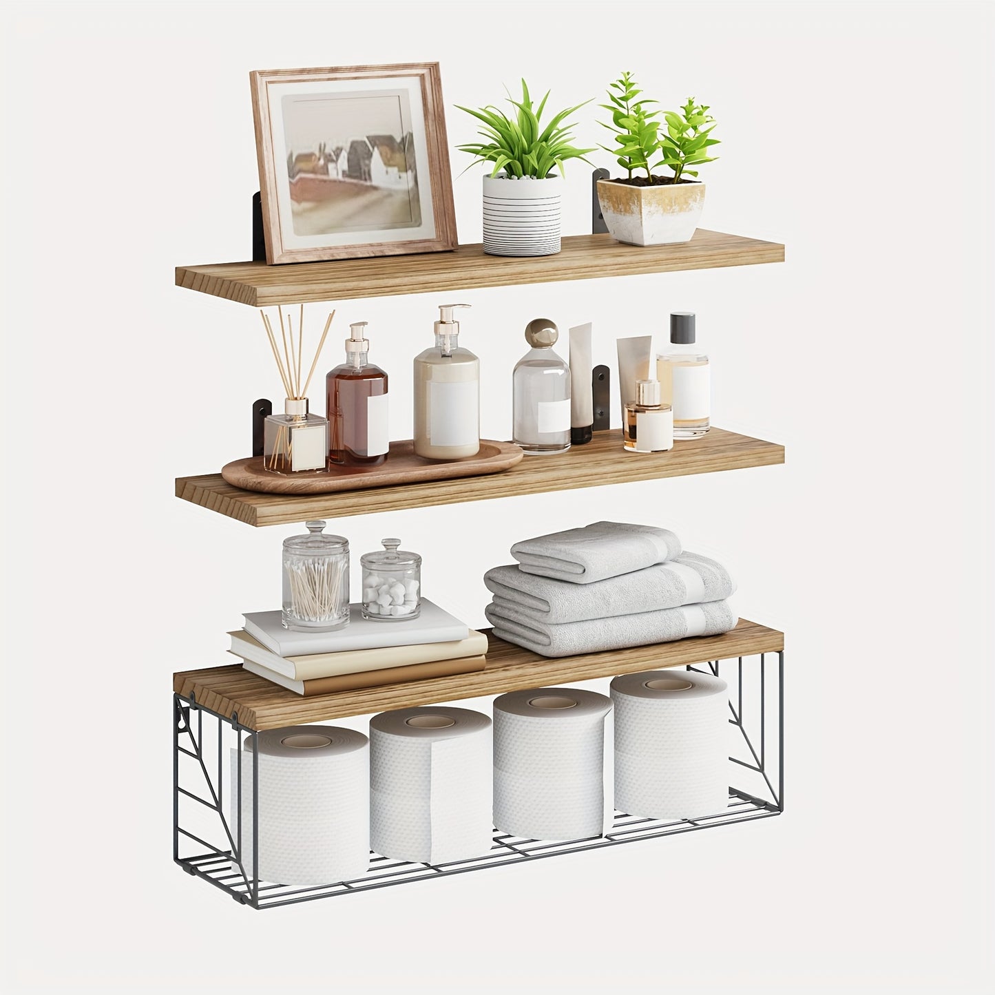 Rustic Brown Floating Shelves With Metal Baskets