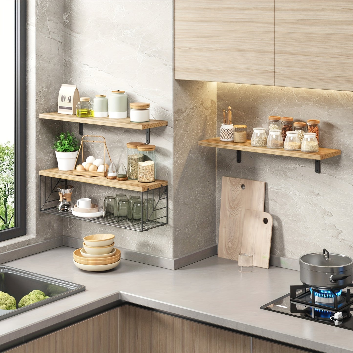 Rustic Brown Floating Shelves With Metal Baskets