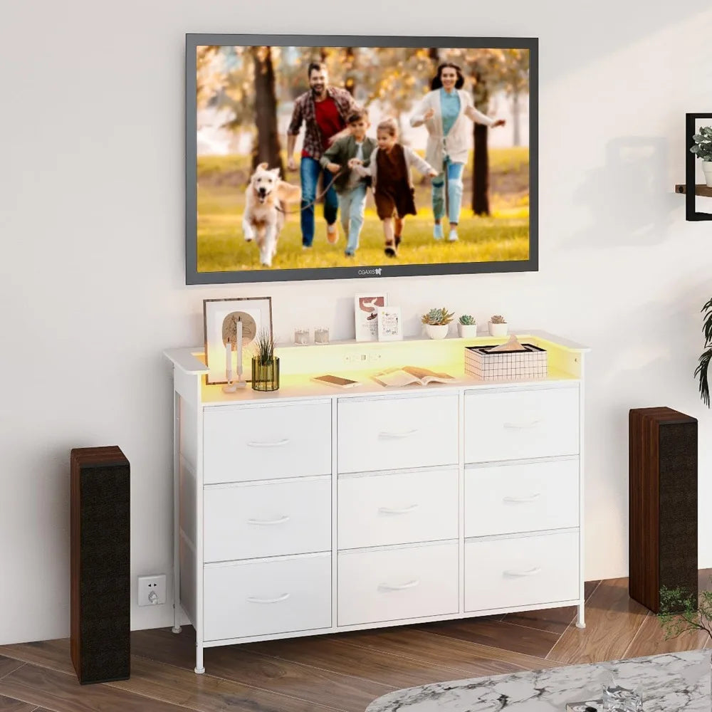 White Dresser with LED Light 9 Drawer