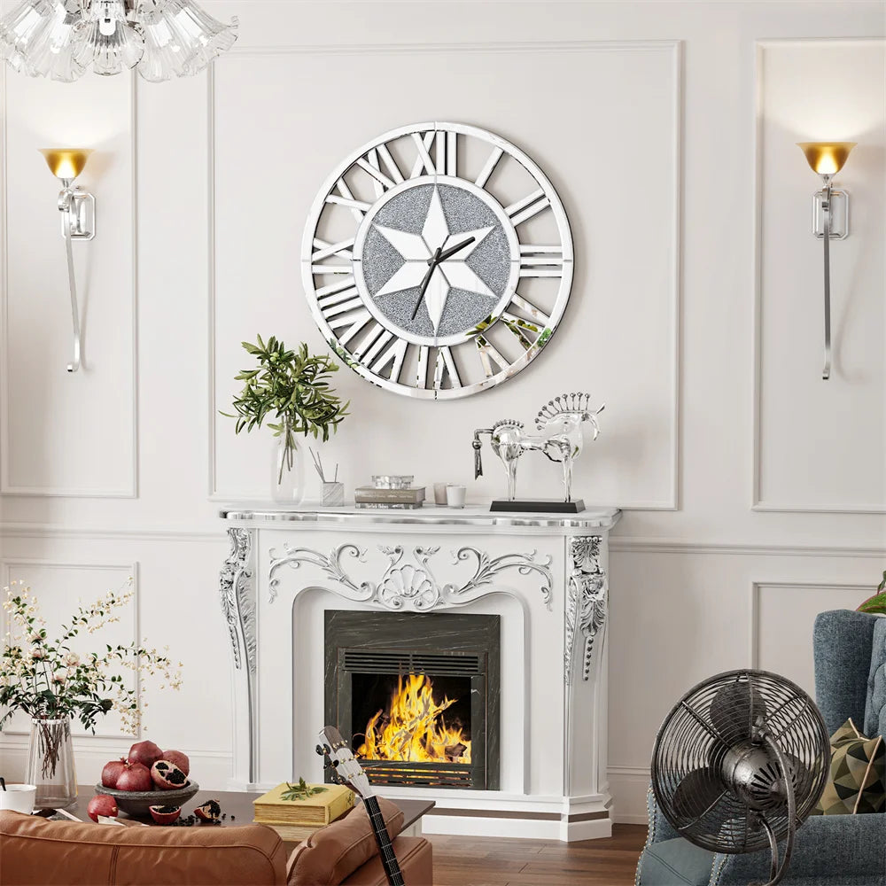 Round Wall Clock Mirror Decorative Silver Glass