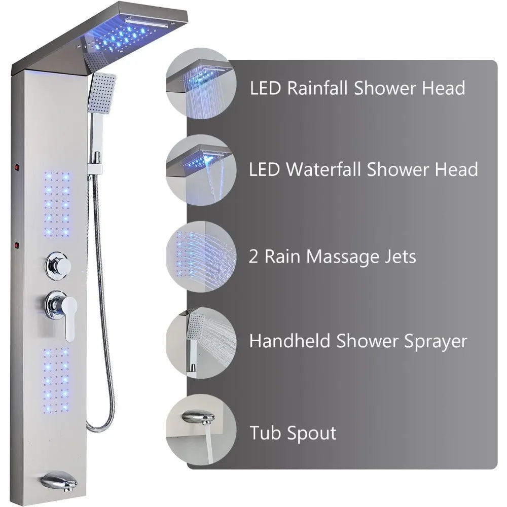 Shower Panel Tower System, LED Rainfall Waterfall