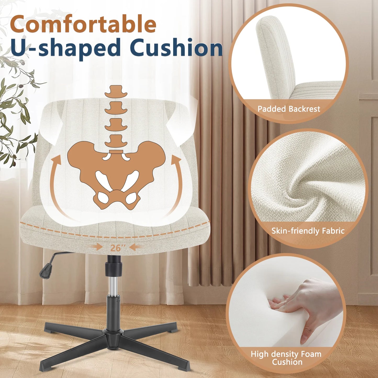 Armless Wide Desk Chair with Dual-Purpose Base