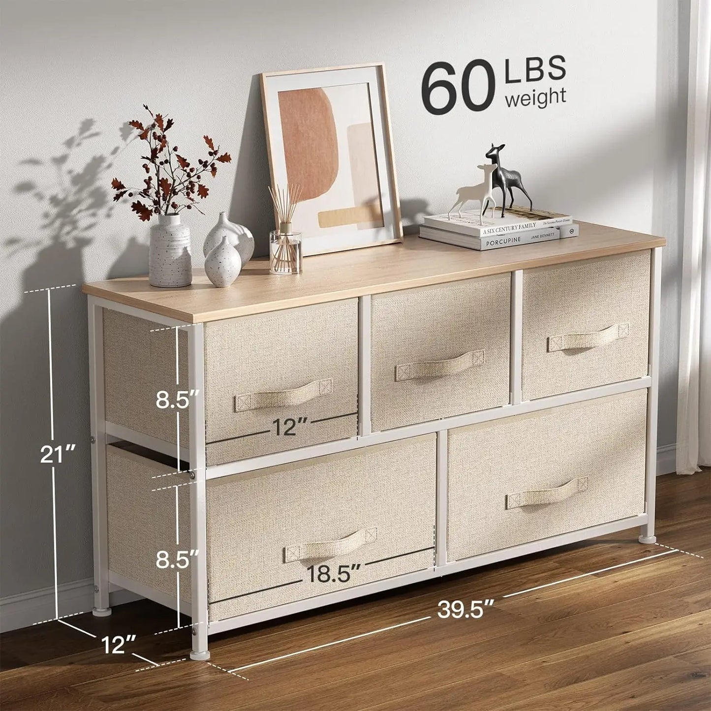 Fabric Dresser with 5-Drawers, Wide Dresser Storage Tower