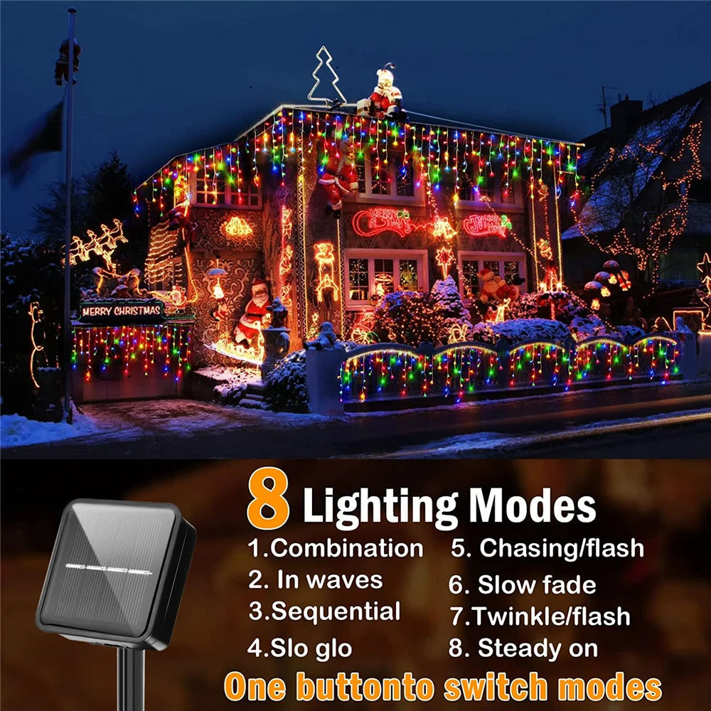 Christmas Decorations Lights Solar Icicle Curtain Lights 8 Modes