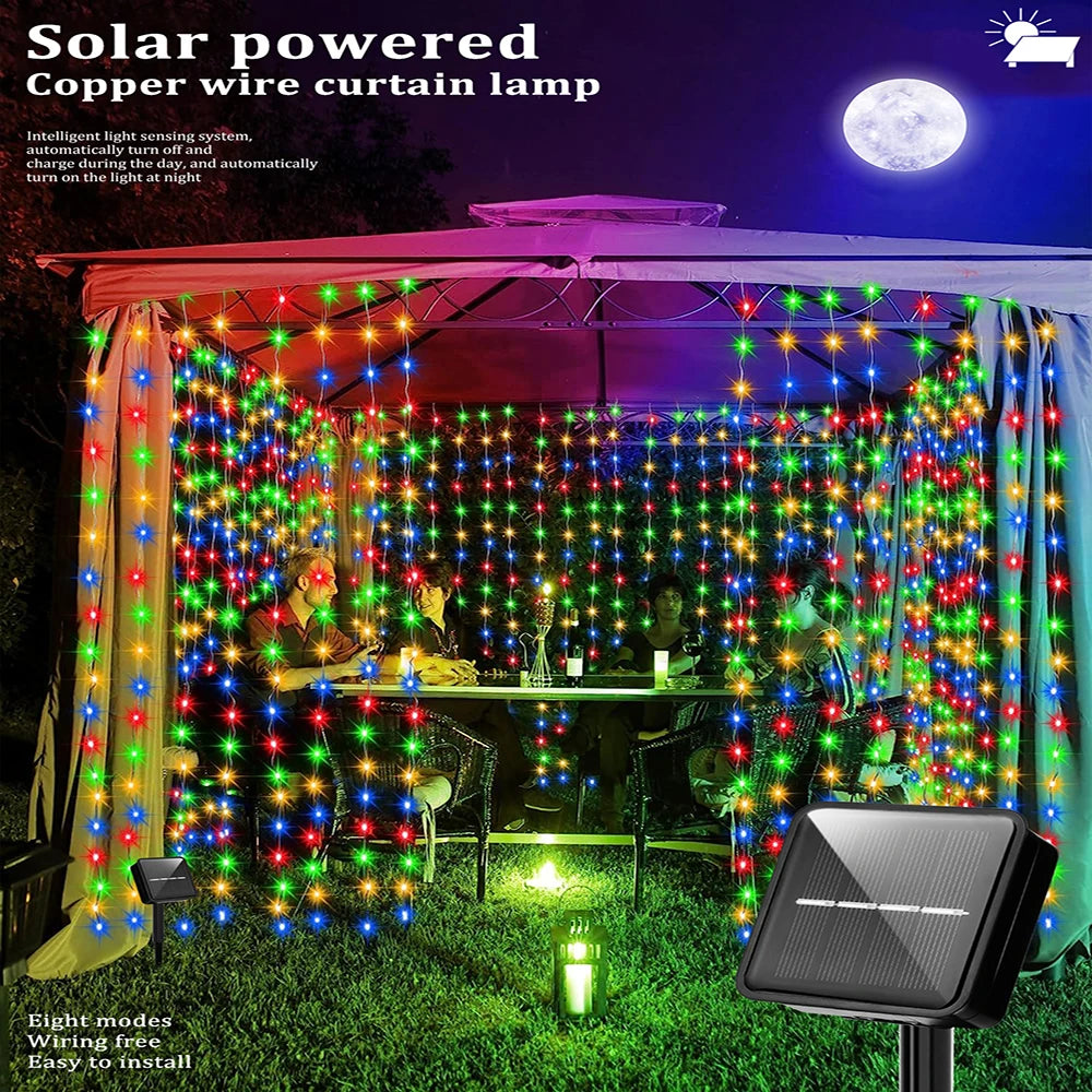 Solar Curtain String Lights 8 Lighting Modes 300Leds