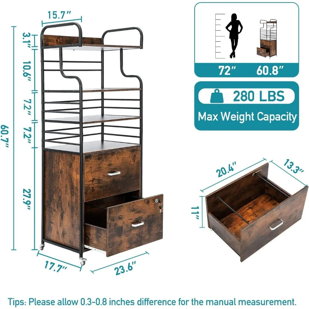 Mobile Filing Cabinet with 3 Bookshelf, Printer Stand