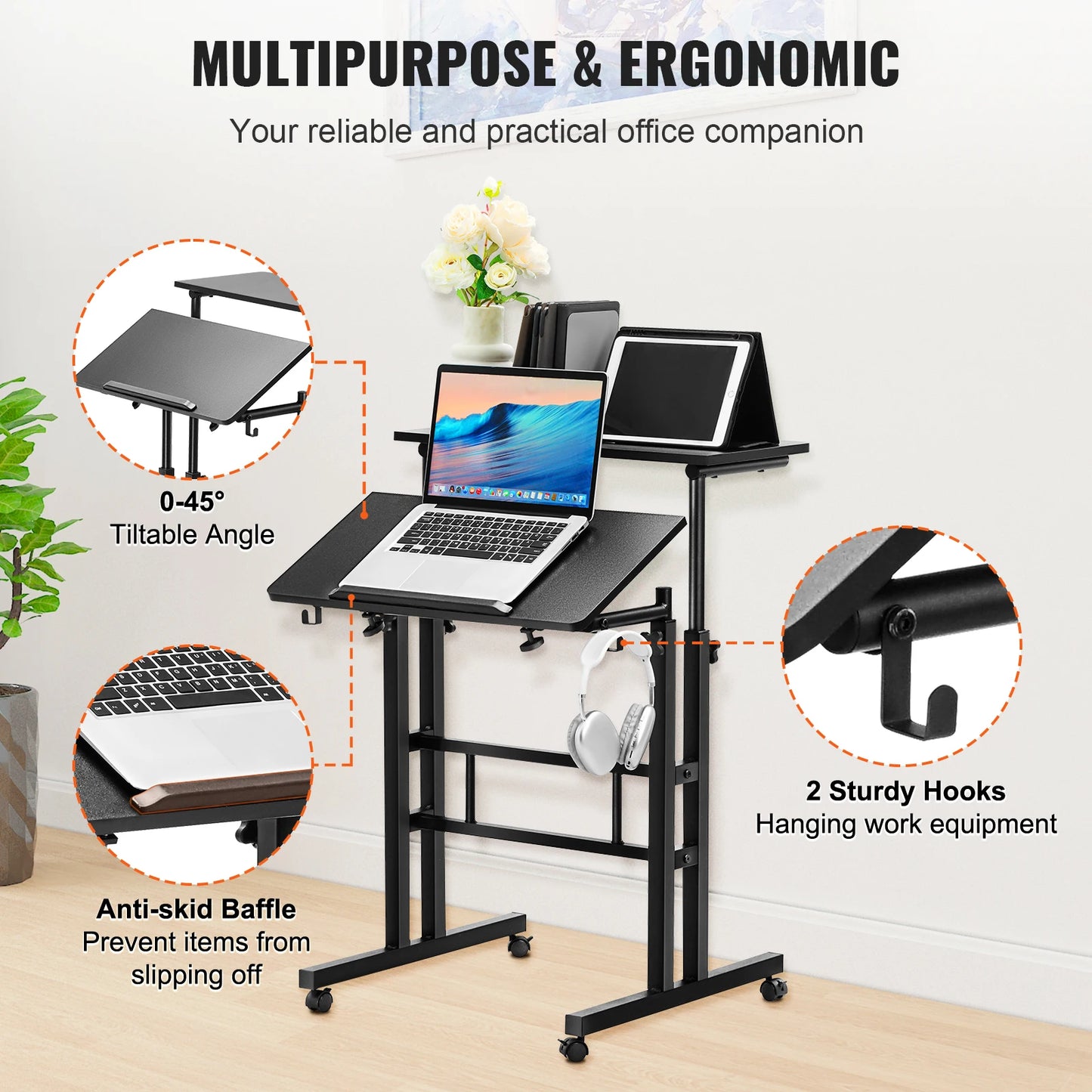 Adjustable Sit-Stand Desk with 360° Swivel Wheels