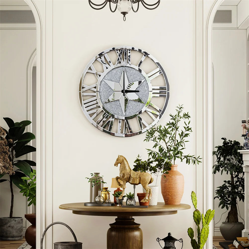 Round Wall Clock Mirror Decorative Silver Glass