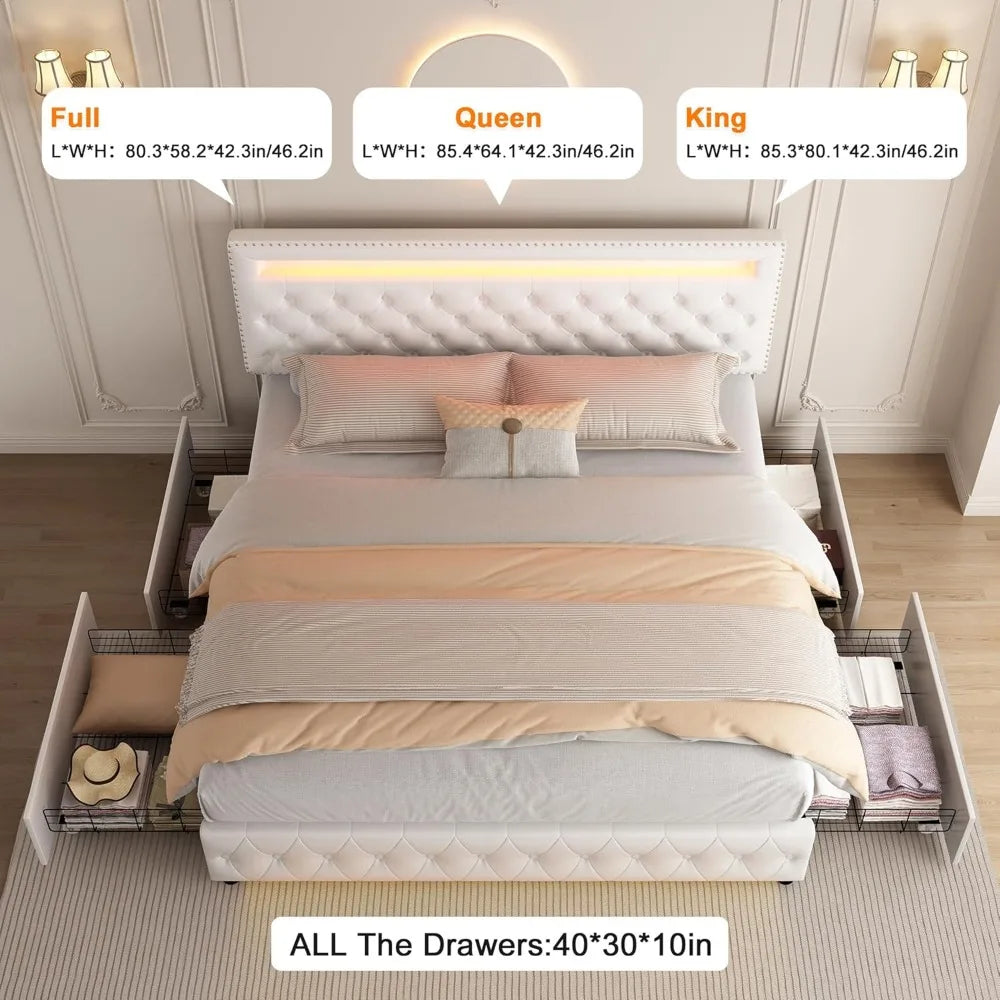 Queen Led Bed Frame with 4 Storage Drawers