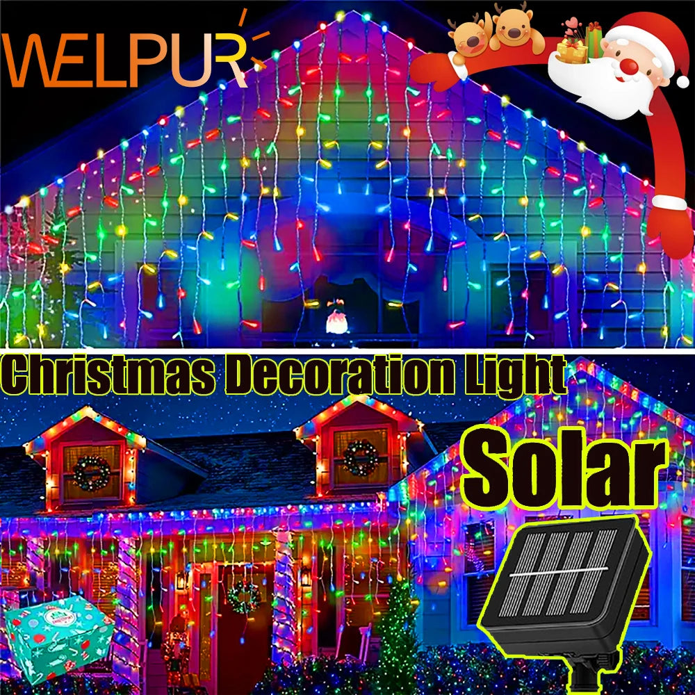 Christmas Decorations Lights Solar Icicle Curtain Lights 8 Modes