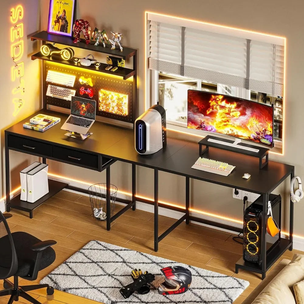 L-Shaped Gaming Desk with LED Lights, Pegboard Drawers and Hutch