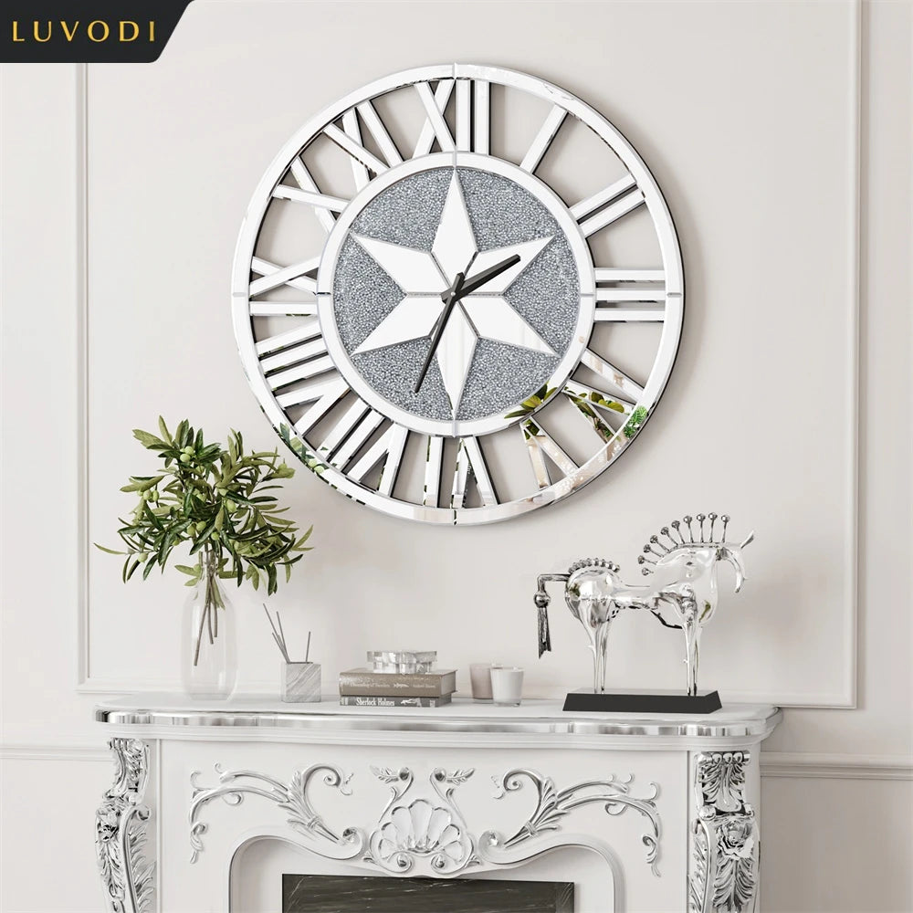 Round Wall Clock Mirror Decorative Silver Glass