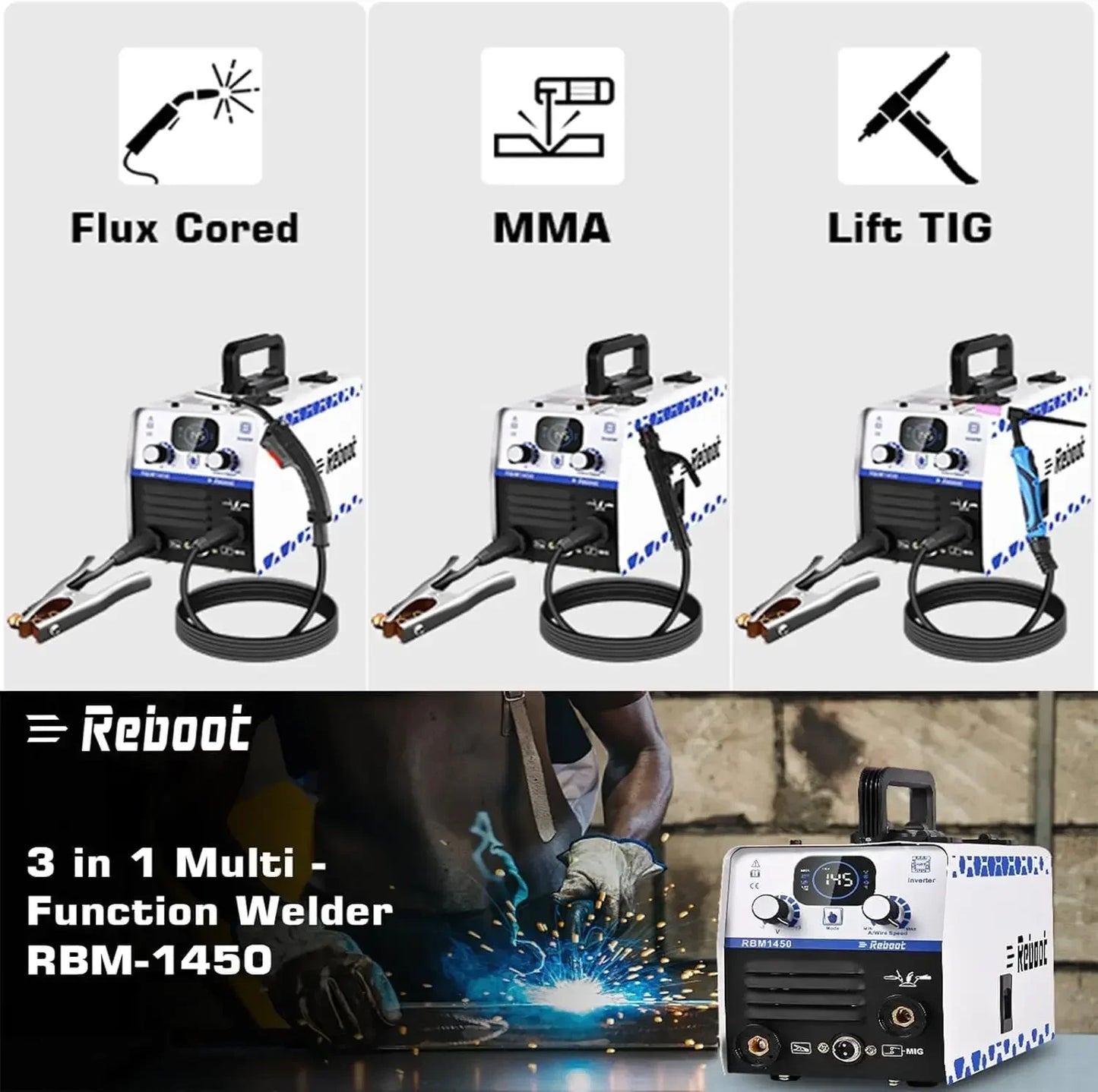 145Amp MIG Welder, 3-in-1 Large LED Digital Display