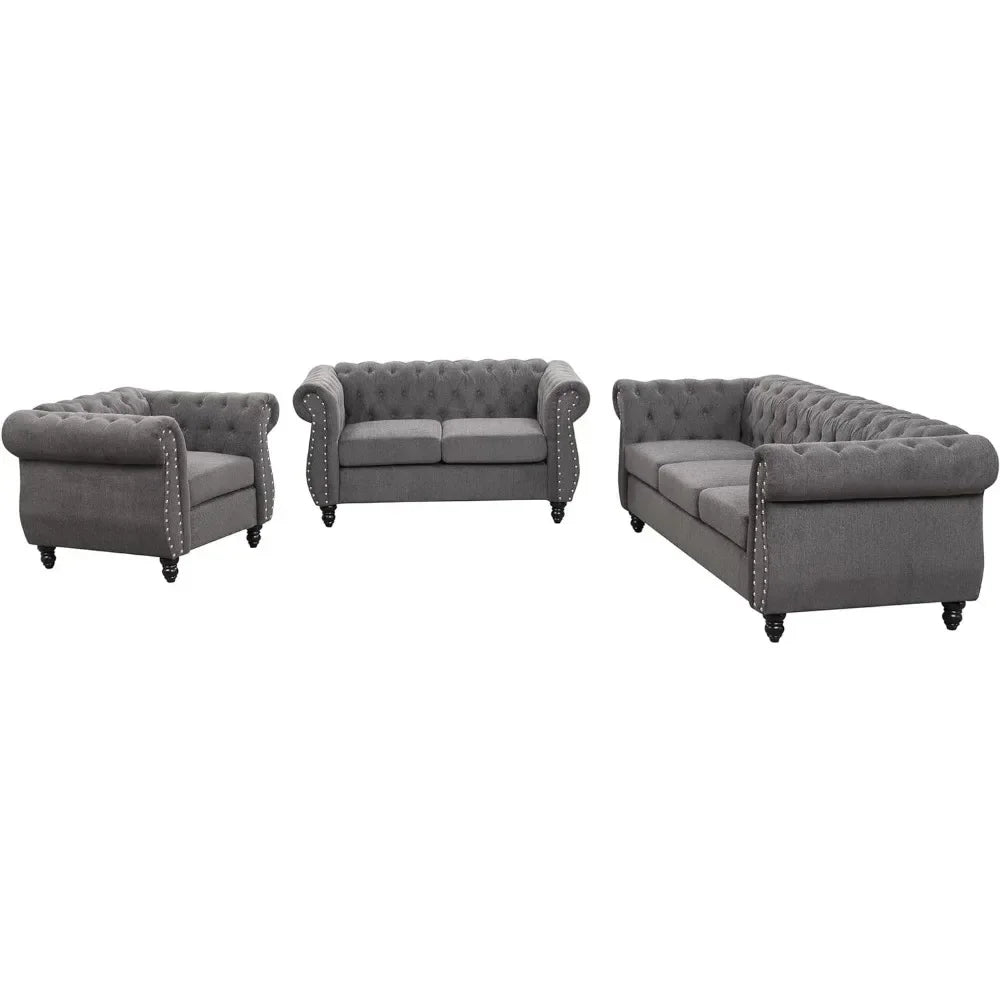 Living Room, Modern 3-Piece Dutch Velvet Upholstered Sofa Set