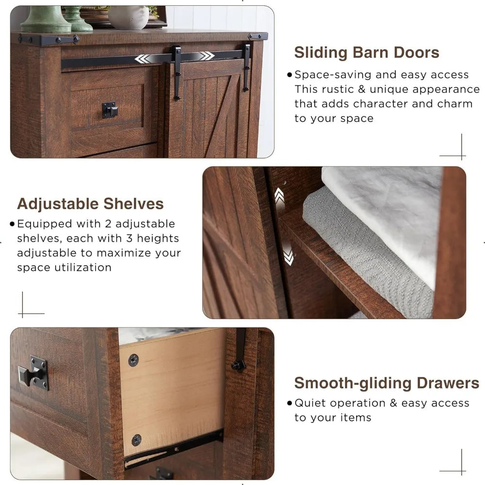 5 Drawers w/Sliding Barn Door, Farmhouse Modern Dresser