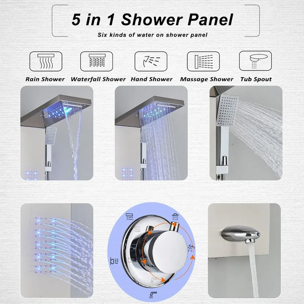 Shower Panel Tower System, LED Rainfall Waterfall