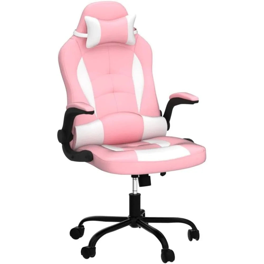 Pink Office Chair with Lumbar Support and Foldable Armrests