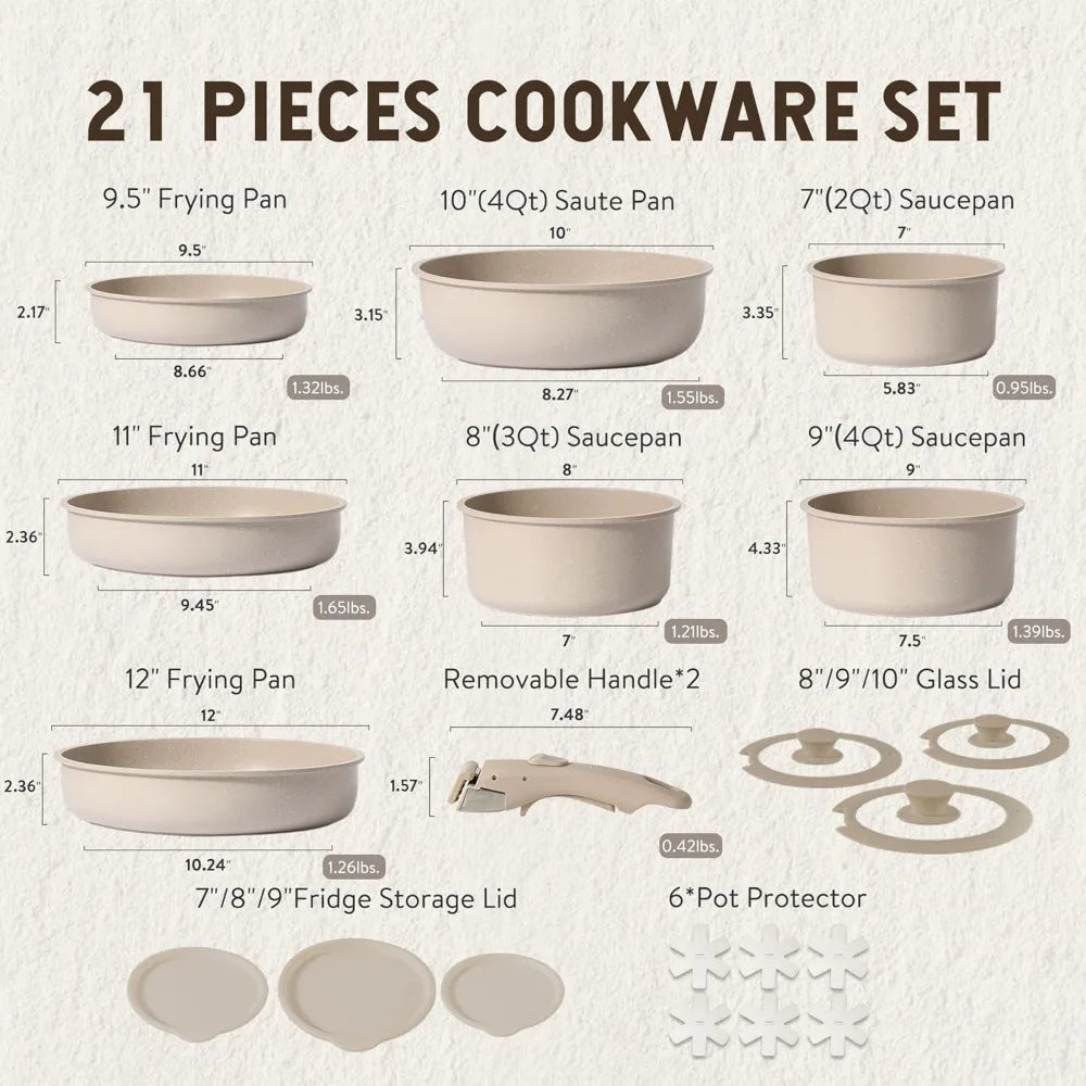 21pcs Detachable Handle Pots and Pan Set