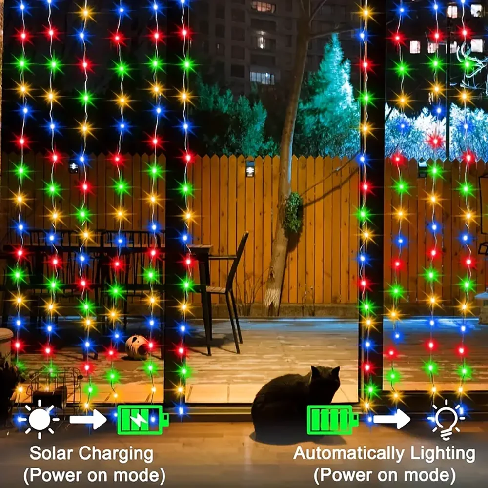 Solar Curtain String Lights 8 Lighting Modes 300Leds