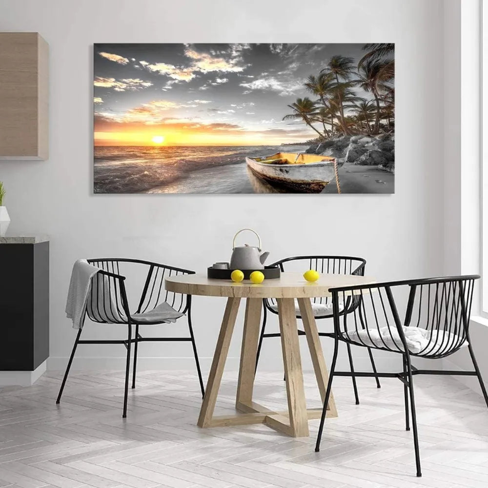 Beach Wall Art Boat Tree Ocean Landscape Painting