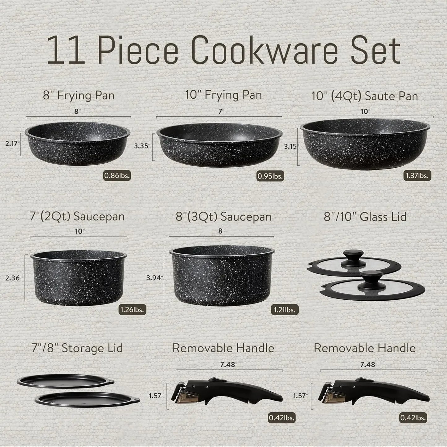 11pcs Nonstick Cookware Set With Detachable Handle