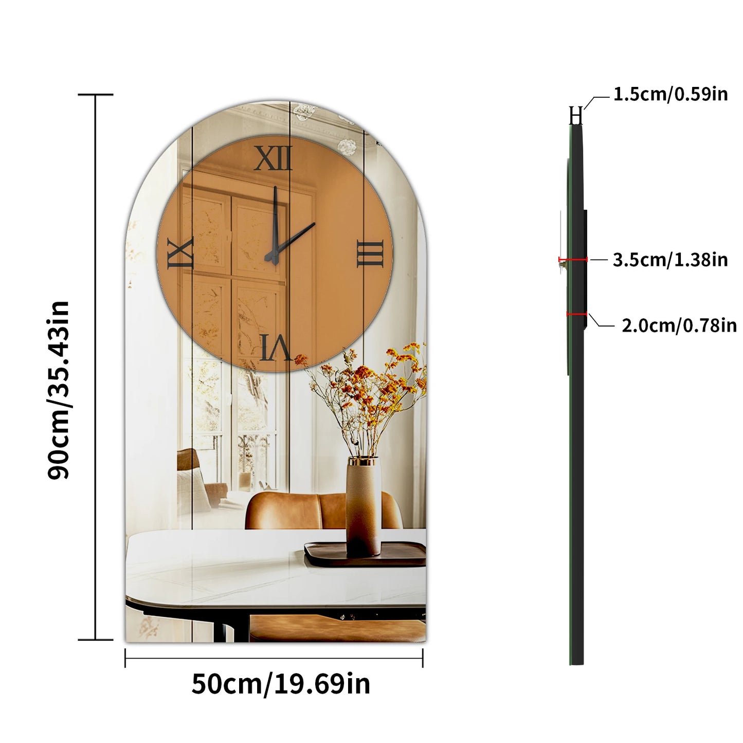 Arched Brown Tinted Glass Wall Mounted Clock