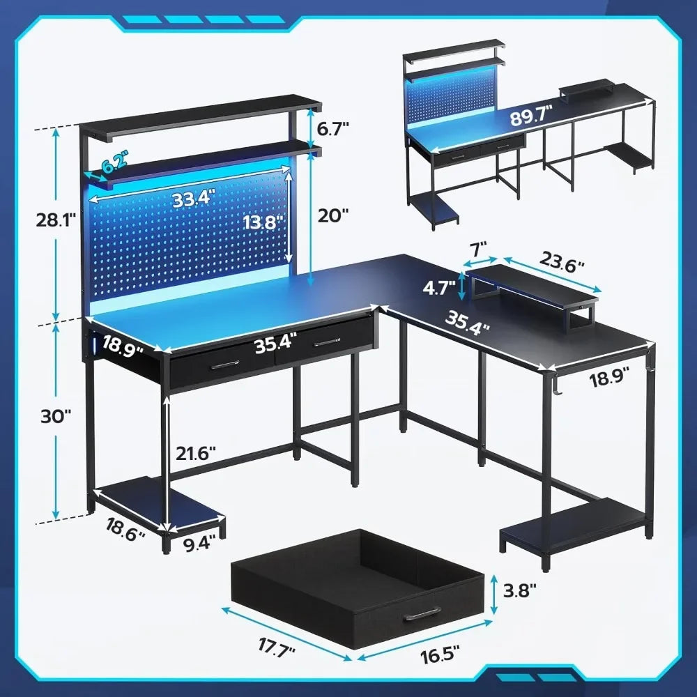 L-Shaped Gaming Desk with LED Lights, Pegboard Drawers and Hutch