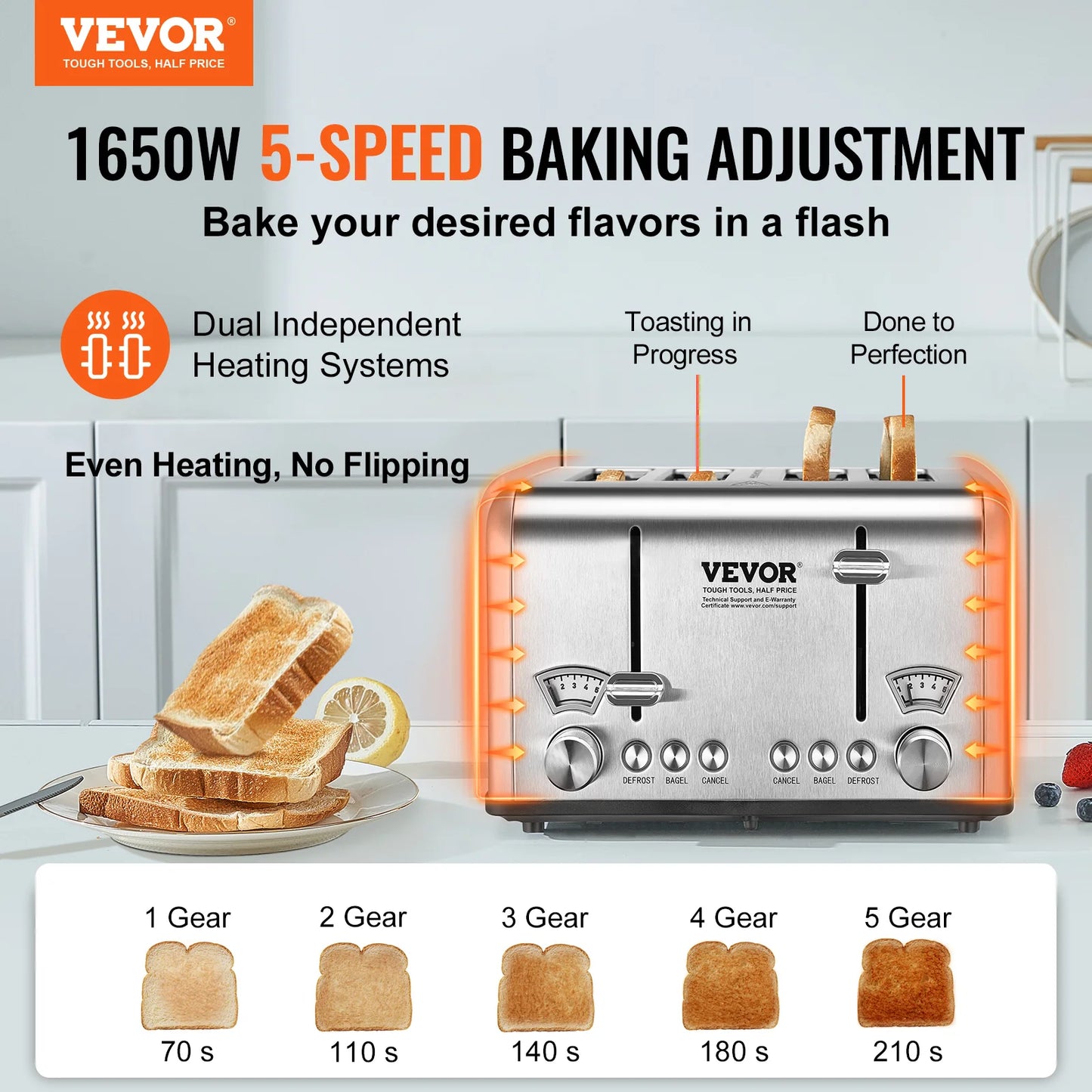 VEVOR Retro Stainless Steel Toaster 4 Slice