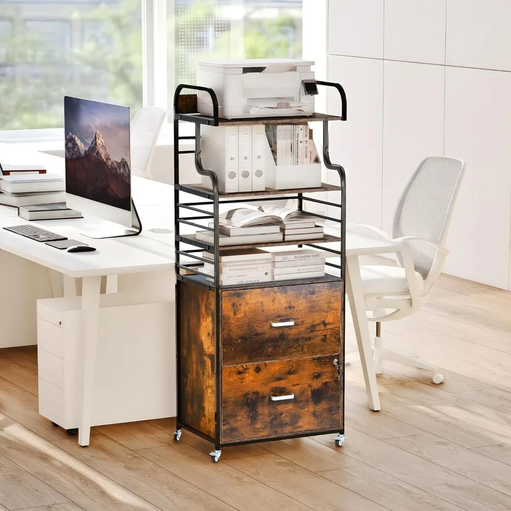 Mobile Filing Cabinet with 3 Bookshelf, Printer Stand