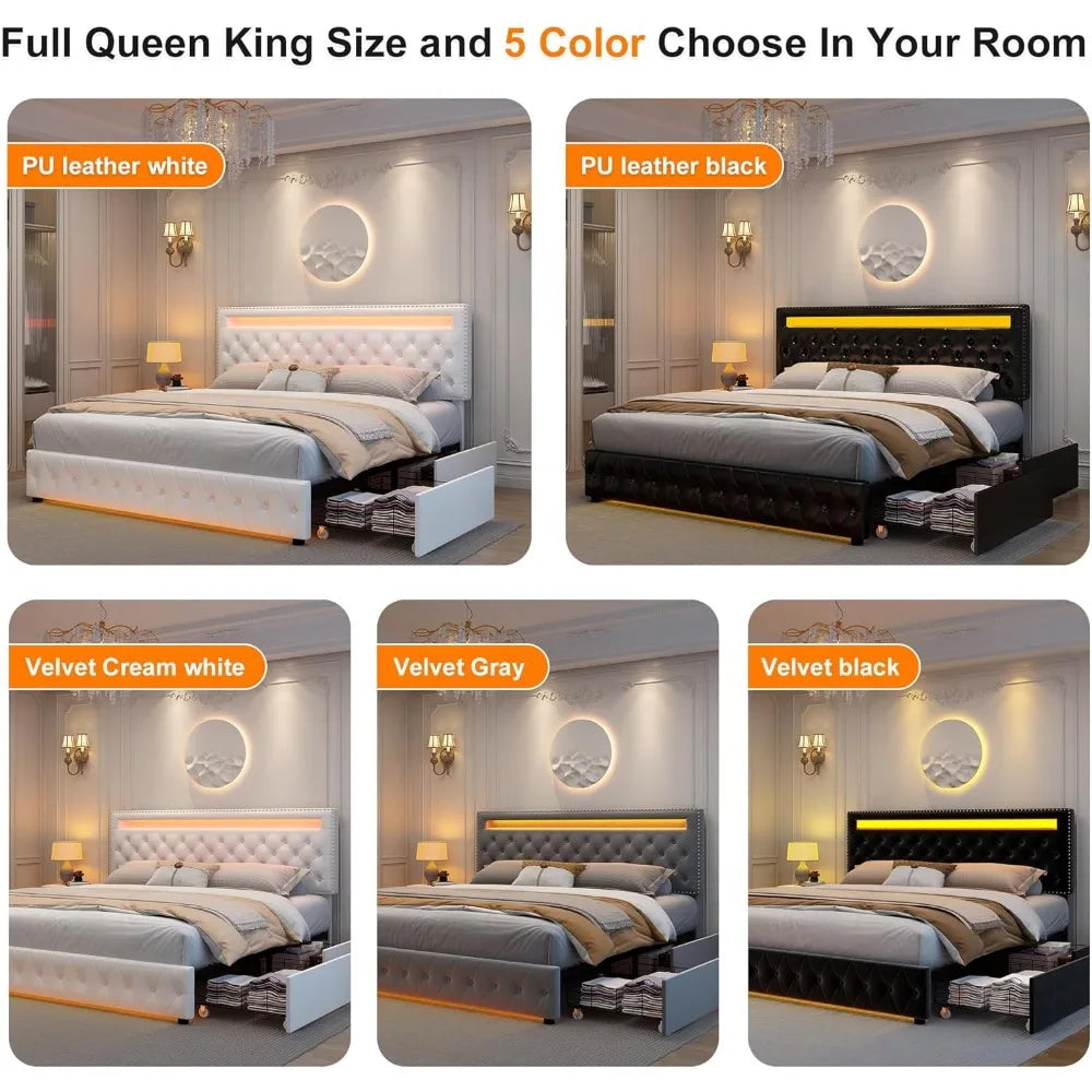 Queen Led Bed Frame with 4 Storage Drawers