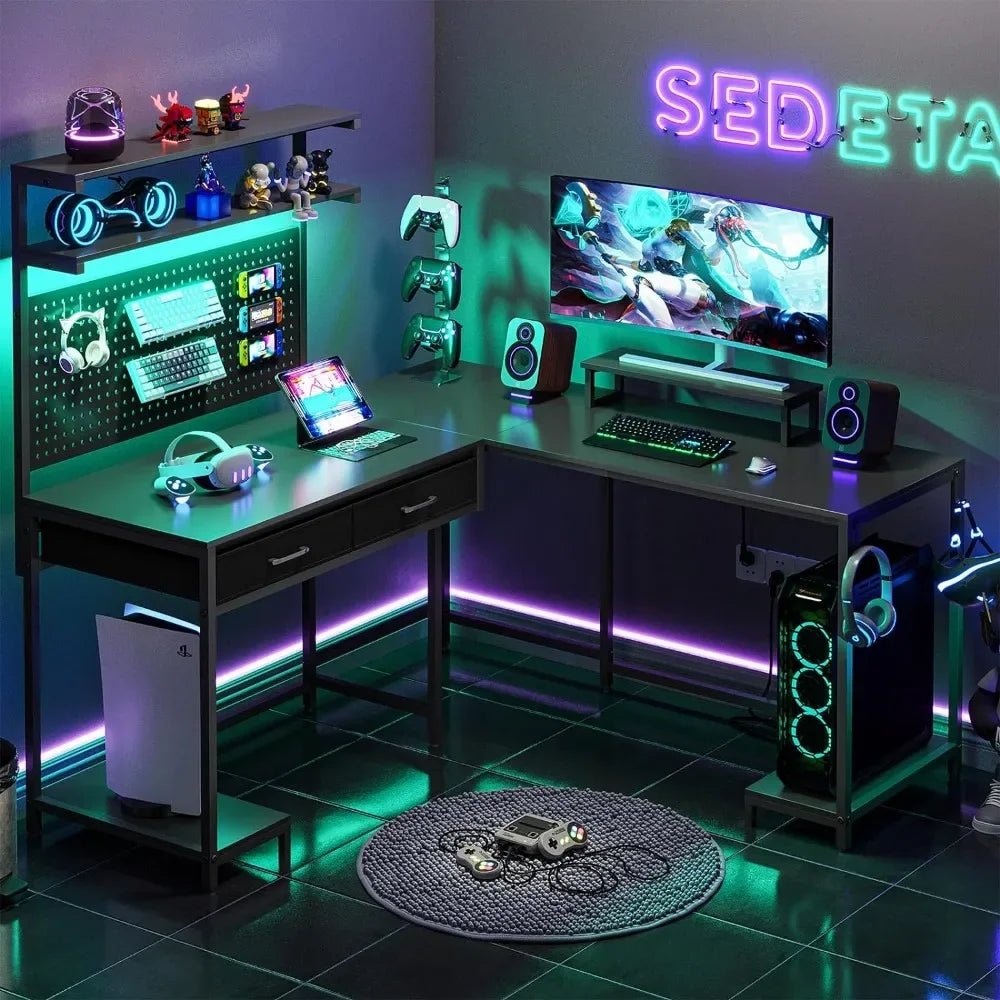 L-Shaped Gaming Desk with LED Lights, Pegboard Drawers and Hutch