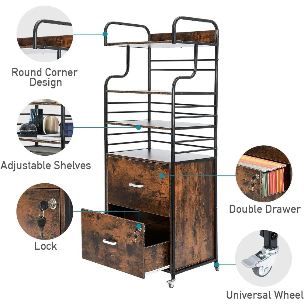 Mobile Filing Cabinet with 3 Bookshelf, Printer Stand