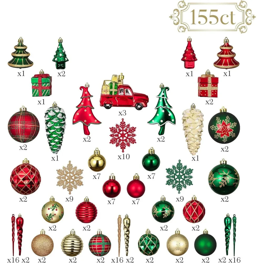 Christmas Tree Ornaments Set, 155ct Red Green, and Gold