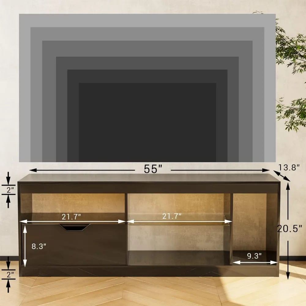 LED TV Stand with Glass Shelves and Drawers