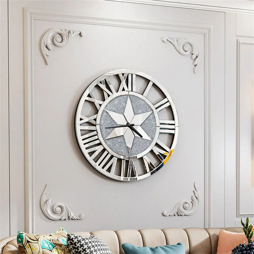 Round Wall Clock Mirror Decorative Silver Glass