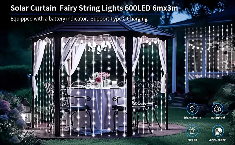 Solar Curtain String Lights 8 Lighting Modes 300Leds