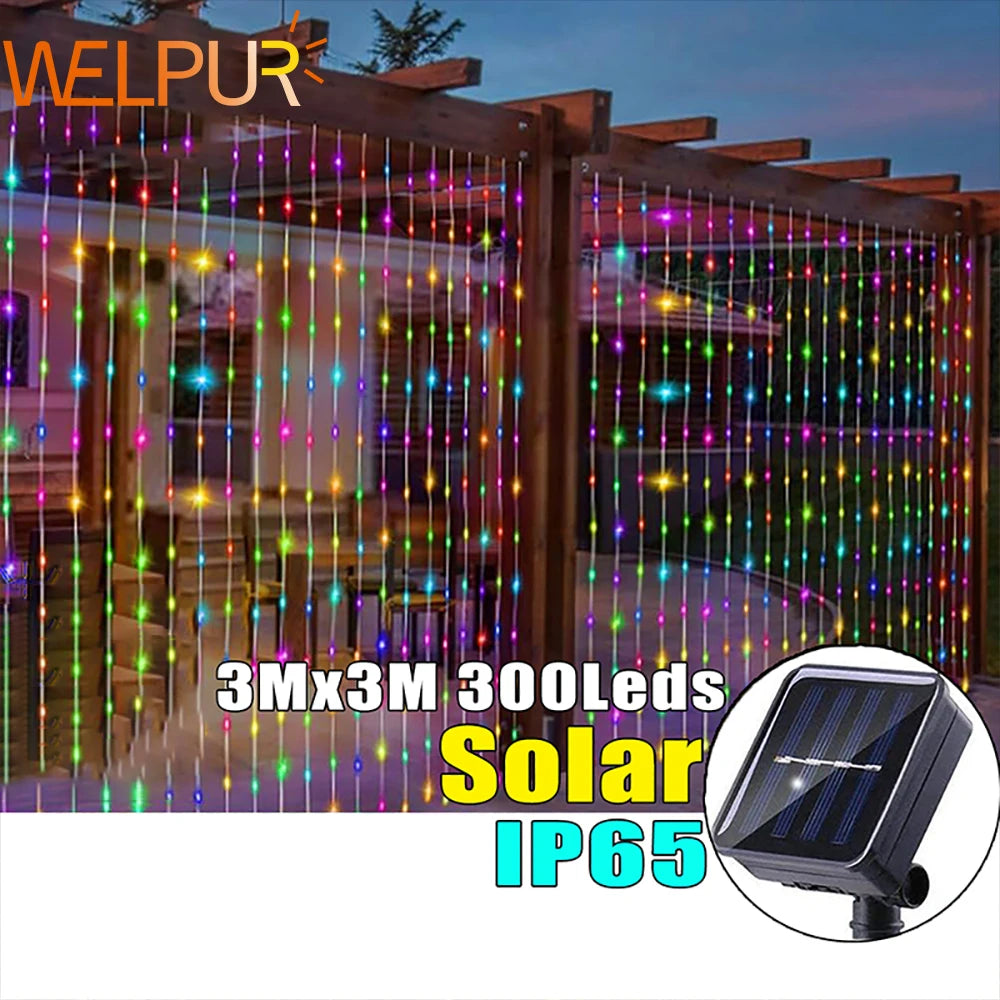 Solar Curtain String Lights 8 Lighting Modes 300Leds