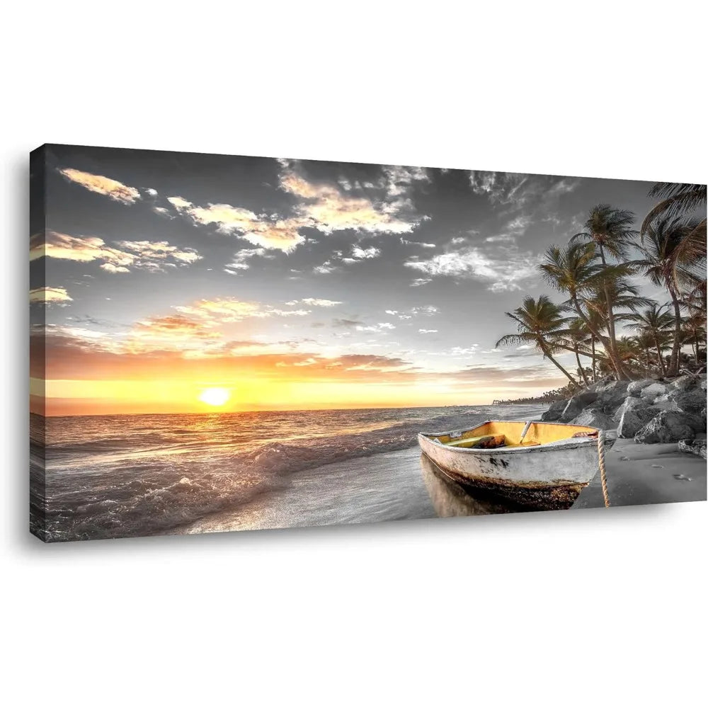 Beach Wall Art Boat Tree Ocean Landscape Painting