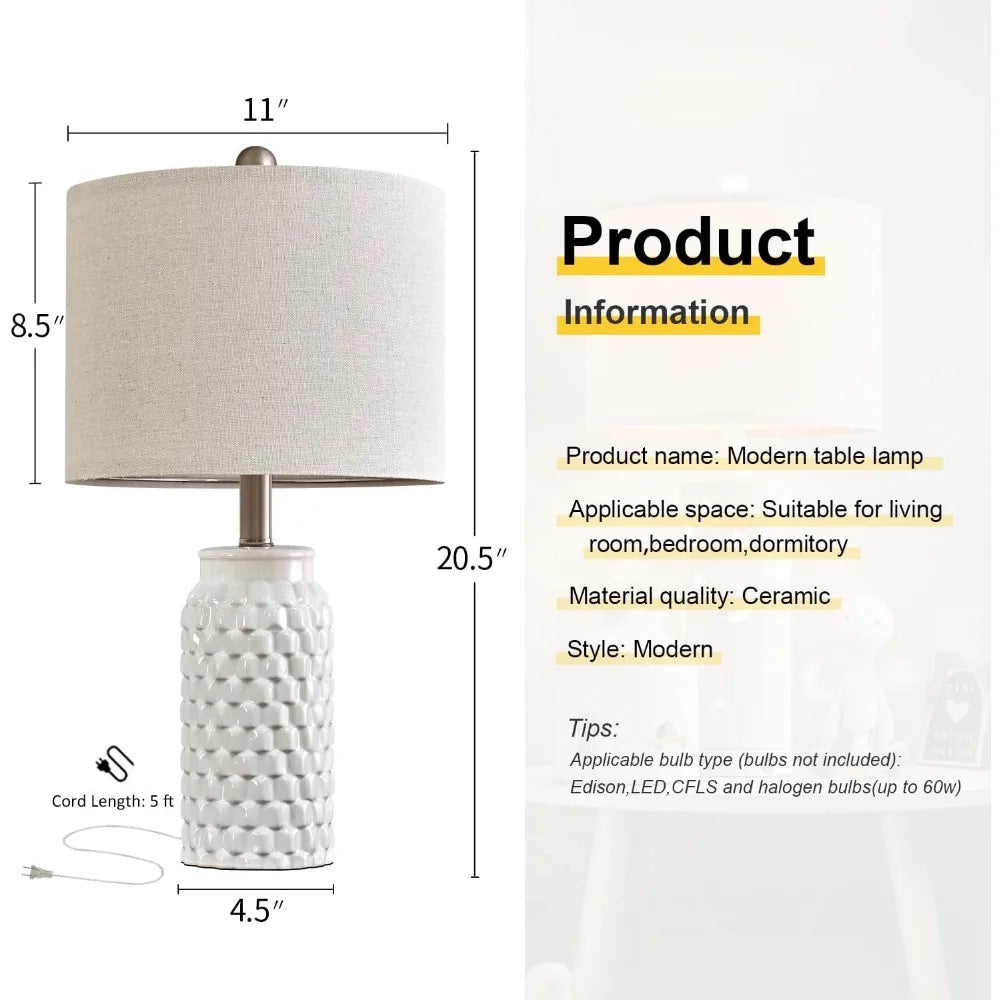 20.5" White Modern Ceramic Bedside Lamp Set of 2