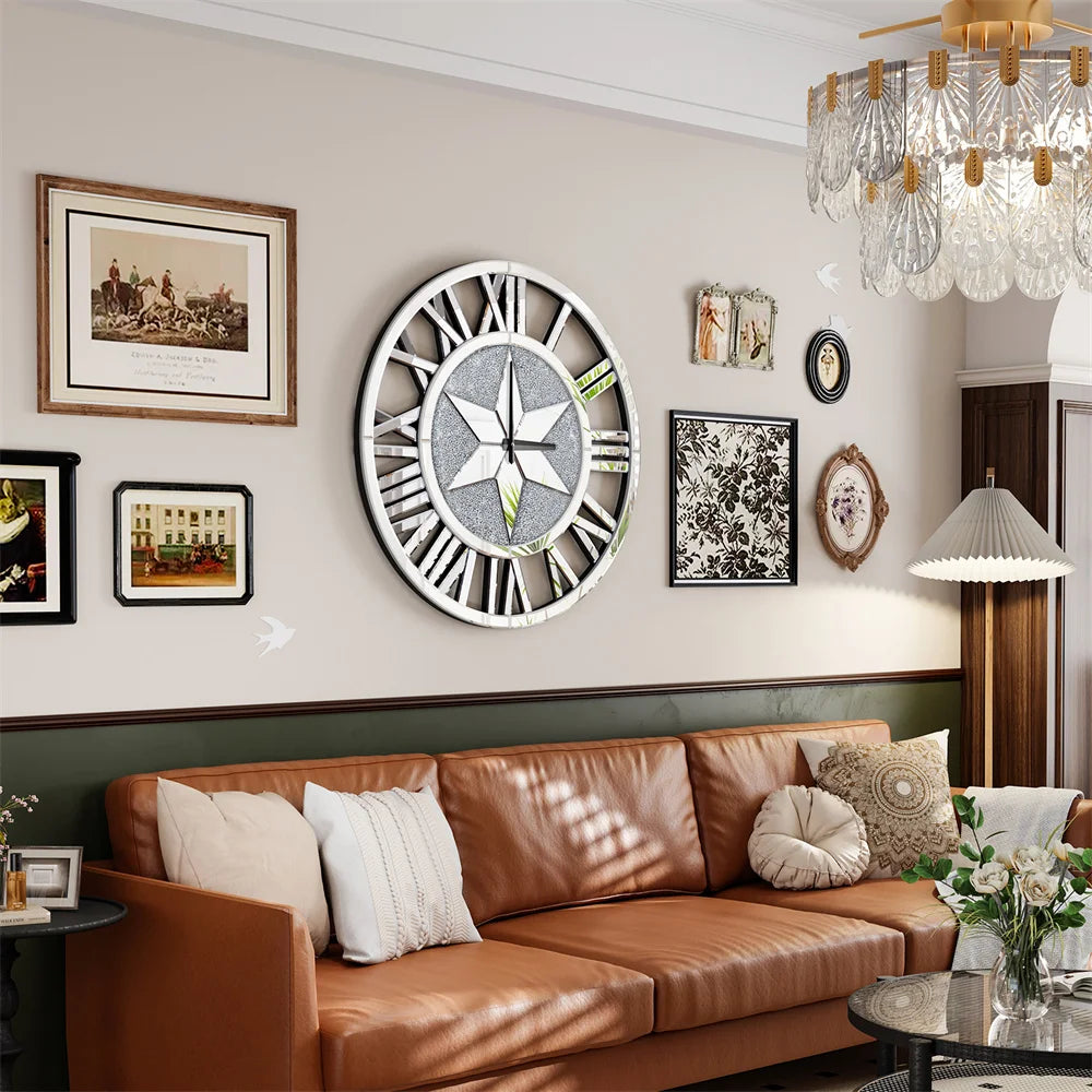 Round Wall Clock Mirror Decorative Silver Glass