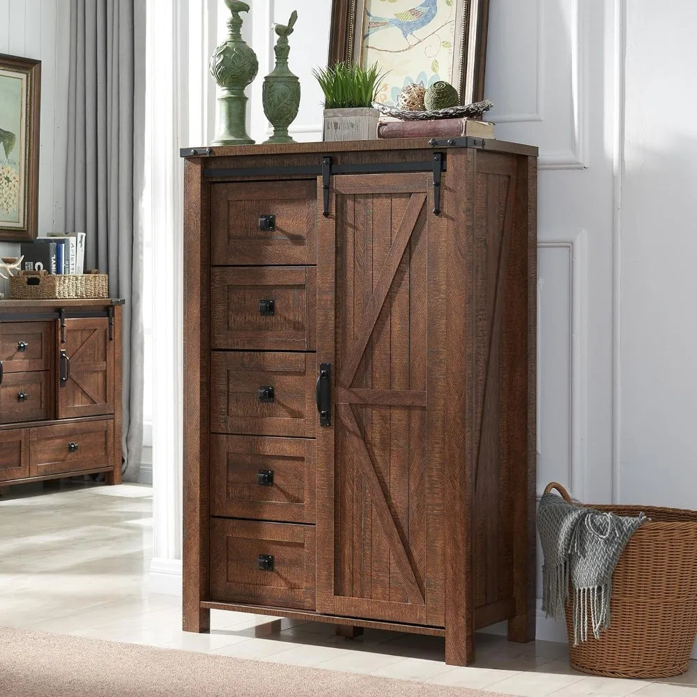 5 Drawers w/Sliding Barn Door, Farmhouse Modern Dresser