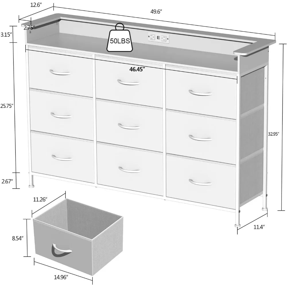 White Dresser with LED Light 9 Drawer